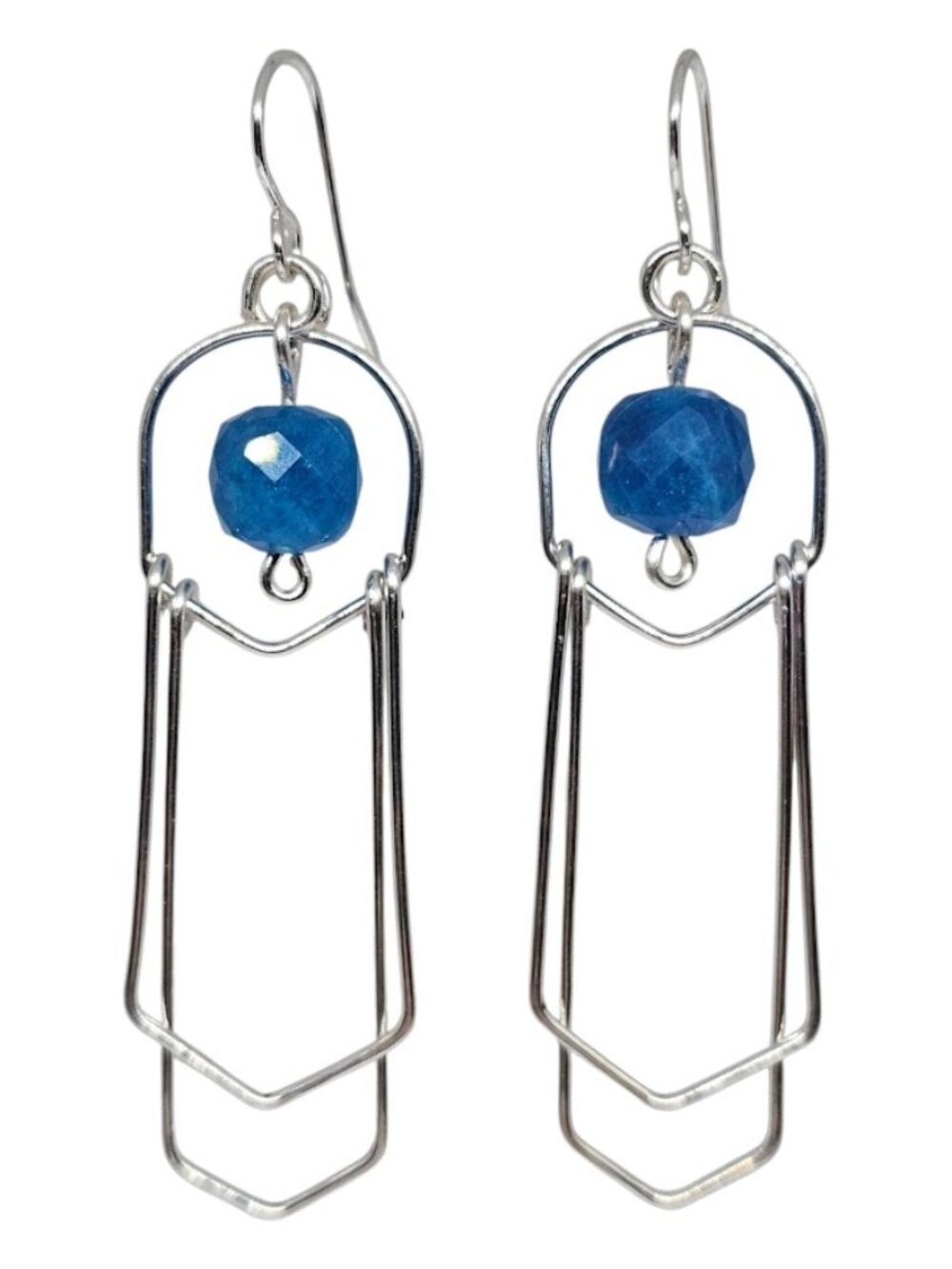 Handmade Blue Dolomite Jasper Gemstone Silver Hoop Chevron Boho Earrings